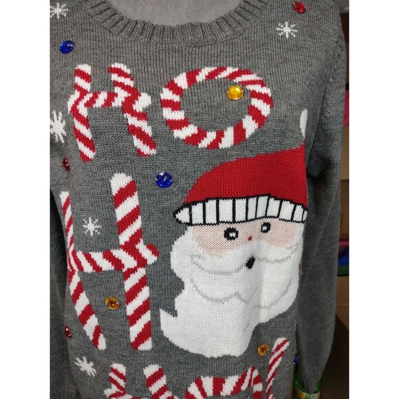 Carolyn Taylor Christmas Sweater Gray Jeweled Crew Neck Santa Ho Ho Ho Large - Picture 5 of 5